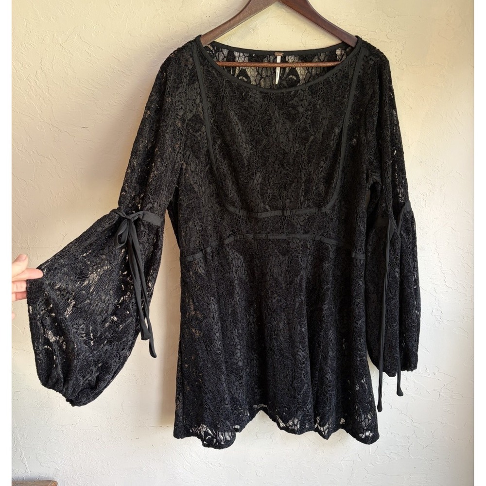 Free People Ruby Lace Mini Dress XL Sheer Witchy Bow Goth Whimsigoth Empire